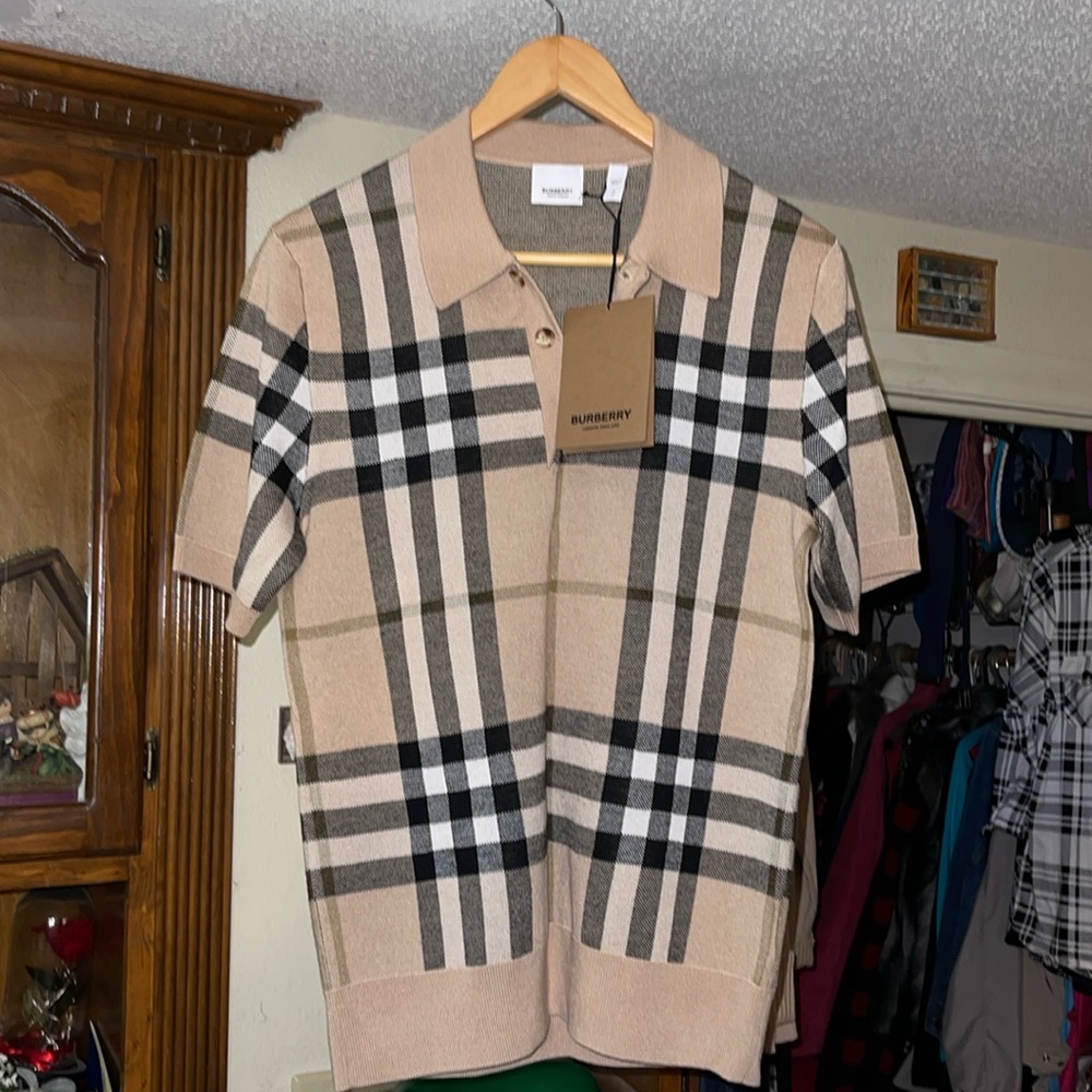 BURBERRY®️ Soft Fawn Check Wool and Silk Polo.